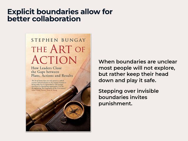 Explicit boundaries allow for
 
better collaboration
When boundaries are unclear
most people will not explore,
but rather keep their head
down and play it safe.


Stepping over invisible
boundaries invites
punishment.
