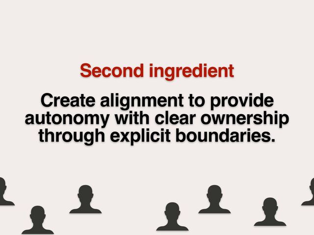 Create alignment to provide
autonomy with clear ownership
through explicit boundaries.
Second ingredient
