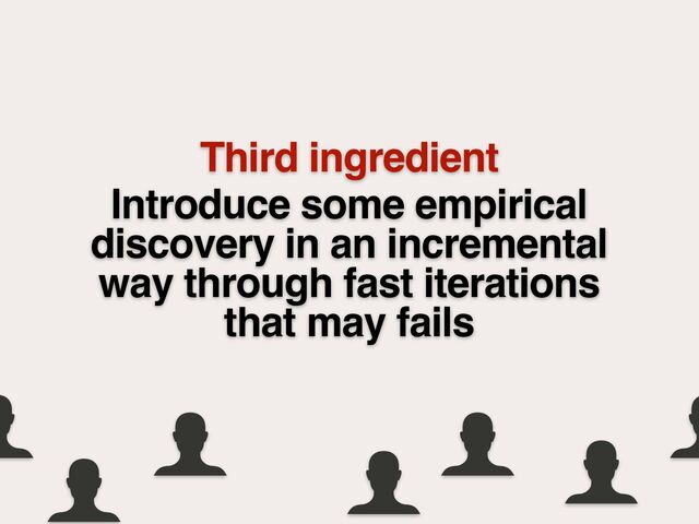 Introduce some empirical
discovery in an incremental
way through fast iterations
that may fails
Third ingredient
