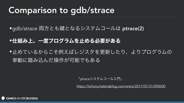 Comparison to gdb/strace
•gdb/strace ྆ํͱ΋伴ͱͳΔγεςϜίʔϧ͸ ptrace(2)
•࢓૊Έ্ɺҰ౓ϓϩάϥϜΛࢭΊΔඞཁ͕͋Δ
•ࢭΊ͍ͯΔ͔Βͦ͜ྫ͑͹ϨδελΛߋ৽ͨ͠ΓɺΑΓϓϩάϥϜͷ
ڍಈʹ౿ΈࠐΜͩૢ࡞͕ՄೳͰ΋͋Δ
ʮptraceγεςϜίʔϧೖ໳ʯ
https://itchyny.hatenablog.com/entry/2017/07/31/090000
