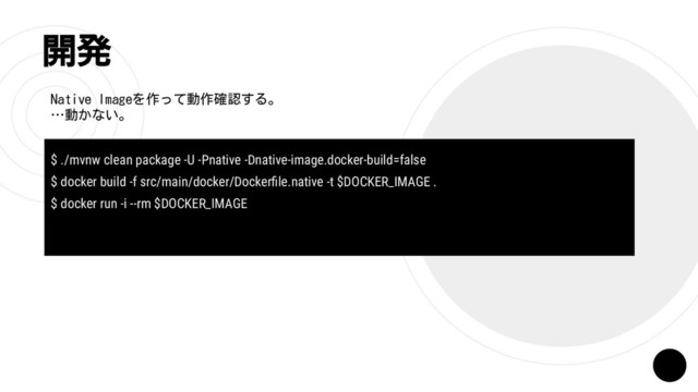 開発
Native Imageを作って動作確認する。
…動かない。
$ ./mvnw clean package -U -Pnative -Dnative-image.docker-build=false
$ docker build -f src/main/docker/Dockerﬁle.native -t $DOCKER_IMAGE .
$ docker run -i --rm $DOCKER_IMAGE
