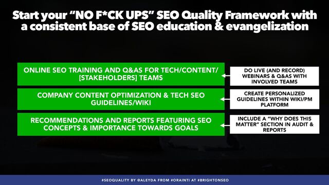 #SEOQUALITY BY @ALEYDA FROM #ORAINTI AT #BRIGHTONSEO
Start your “NO F*CK UPS” SEO Quality Framework with
 
a consistent base of SEO education & evangelization
COMPANY CONTENT OPTIMIZATION & TECH SEO
GUIDELINES/WIKI
ONLINE SEO TRAINING AND Q&AS FOR TECH/CONTENT/
[STAKEHOLDERS] TEAMS
RECOMMENDATIONS AND REPORTS FEATURING SEO
CONCEPTS & IMPORTANCE TOWARDS GOALS
INCLUDE A “WHY DOES THIS
MATTER” SECTION IN AUDIT &
REPORTS
CREATE PERSONALIZED
GUIDELINES WITHIN WIKI/PM
PLATFORM
DO LIVE (AND RECORD)
WEBINARS & Q&AS WITH
INVOLVED TEAMS
