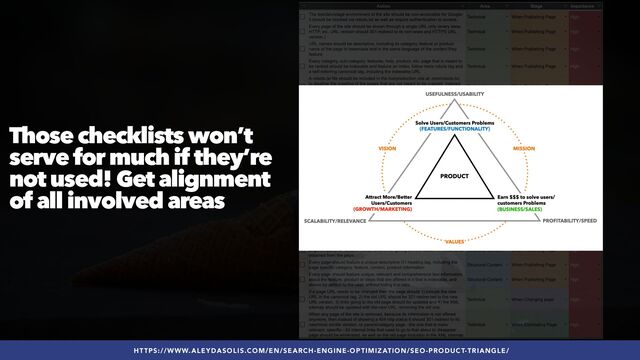#SEOQUALITY BY @ALEYDA FROM #ORAINTI AT #BRIGHTONSEO
Those checklists won’t
serve for much if they’re
not used! Get alignment
of all involved areas
HTTPS://WWW.ALEYDASOLIS.COM/EN/SEARCH-ENGINE-OPTIMIZATION/SEO-PRODUCT-TRIANGLE/
