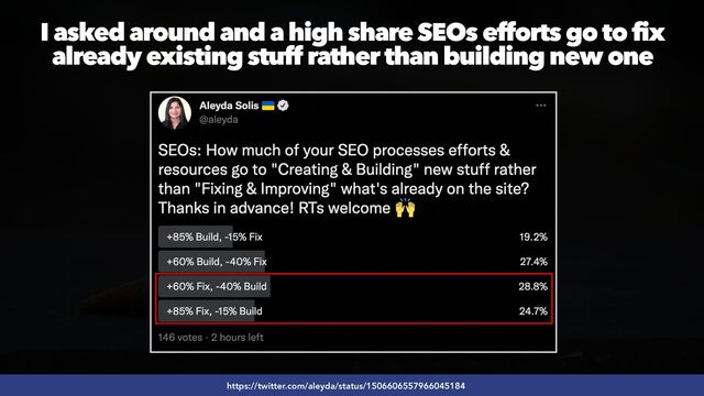 #SEOQUALITY BY @ALEYDA FROM #ORAINTI AT #BRIGHTONSEO
I asked around and a high share SEOs efforts go to fix
already existing stuff rather than building new one
https://twitter.com/aleyda/status/1506606557966045184
