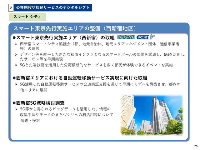 スマート シティ
スマート東京先行実施エリアの整備（西新宿地区）
スマート東京先行実施エリア（西新宿）の取組
 西新宿スマートシティ協議会（都、地元自治体、地元エリアマネジメント団体、通信事業者
等）の運営
 デザイン等を統一した新たな都市インフラとなるスマートポールの整備を誘導し、5Gを活用し
たサービス等を早期実現
 5Gと先端技術を活用した分野横断的なサービスを広く都民が体験できるイベントを実施
西新宿エリアにおける自動運転移動サービス実現に向けた取組
 5G活用した自動運転移動サービスの公道実証支援を通じて早期にモデルを構築させ、都内の
他エリアに展開
西新宿5G戦略検討調査
公共施設や都民サービスのデジタルシフト
2
 5G等から得られるビッグデータを活用した、情報の
収集手法やデータのまちづくりへの利活用等について
調査・検討
75

