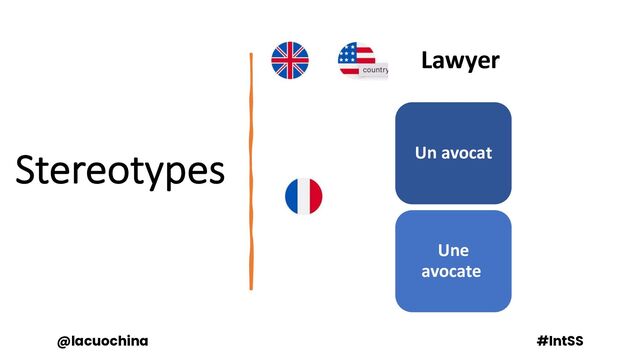 Stereotypes
Lawyer
Un avocat
Une
avocate
@lacuochina #IntSS
