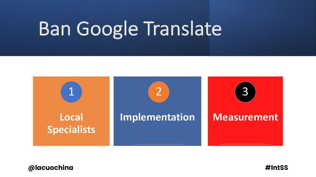 Ban Google Translate
Local
Specialists
1
Implementation
2
Measurement
3
@lacuochina #IntSS
