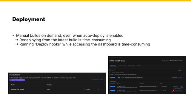Deployment
- Manual builds on demand, even when auto-deploy is enabled
　→ Redeploying from the latest build is time-consuming
　→ Running “Deploy hooks” while accessing the dashboard is time-consuming
