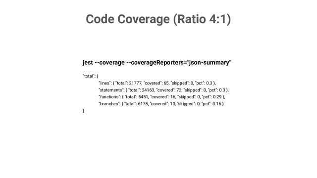 Code Coverage (Ratio 4:1)
jest --coverage --coverageReporters="json-summary"
"total": {
"lines": { "total": 21777, "covered": 65, "skipped": 0, "pct": 0.3 },
"statements": { "total": 24163, "covered": 72, "skipped": 0, "pct": 0.3 },
"functions": { "total": 5451, "covered": 16, "skipped": 0, "pct": 0.29 },
"branches": { "total": 6178, "covered": 10, "skipped": 0, "pct": 0.16 }
}
