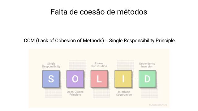 Falta de coesão de métodos
LCOM (Lack of Cohesion of Methods) = Single Responsibility Principle

