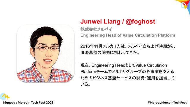 Junwei Liang / @foghost
2016年11月メルカリ入社、メルペイ立ち上げ時期か
ら、
決済基盤の開発に携わってきた。
現在、Engineering HeadとしてValue Circulation
Platformチームでメルカリグループの各事業を支える
ためのビジネス基盤サービスの開発・運用を担当して
いる。
株式会社メルペイ
Engineering Head of Value Circulation Platform
