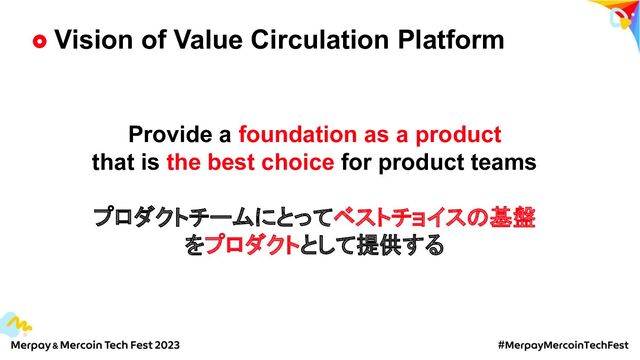 Vision of Value Circulation Platform
Provide a foundation as a product
that is the best choice for product teams
プロダクトチームにとってベストチョイスの基盤
をプロダクトとして提供する
