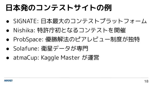 18
● SIGNATE: 日本最大のコンテストプラットフォーム
● Nishika: 特許庁初となるコンテストを開催
● ProbSpace: 優勝解法のピアレビュー制度が独特
● Solafune: 衛星データが専門
● atmaCup: Kaggle Master が運営
日本発のコンテストサイトの例
