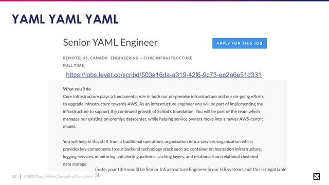 © 2018 Cloud Native Computing Foundation
25
YAML YAML YAML
(note: your title would be Senior Infrastructure Engineer in our HR systems, but this is negotiable
;))
https://jobs.lever.co/scribd/503a16da-a319-42f6-9c73-ee2a6e51d331
