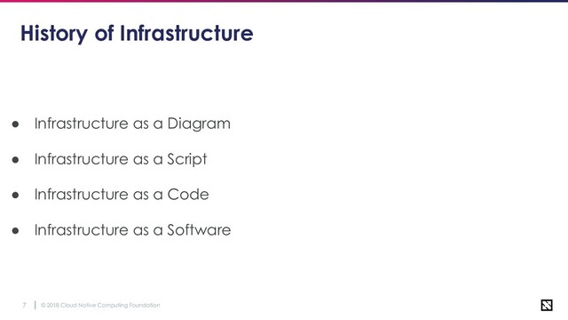 © 2018 Cloud Native Computing Foundation
7
History of Infrastructure
● Infrastructure as a Diagram
● Infrastructure as a Script
● Infrastructure as a Code
● Infrastructure as a Software
