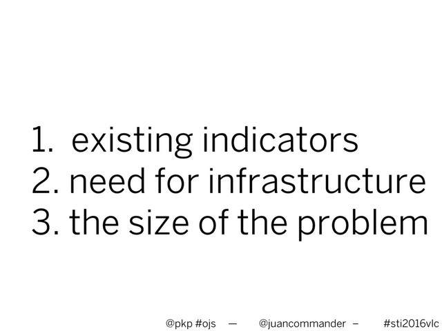 1. existing indicators
2. need for infrastructure
3. the size of the problem
@pkp #ojs — @juancommander – #sti2016vlc
