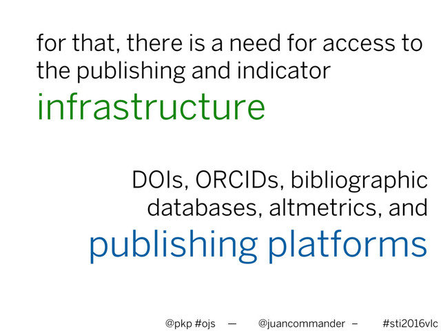 for that, there is a need for access to
the publishing and indicator
infrastructure
@pkp #ojs — @juancommander – #sti2016vlc
DOIs, ORCIDs, bibliographic
databases, altmetrics, and
publishing platforms

