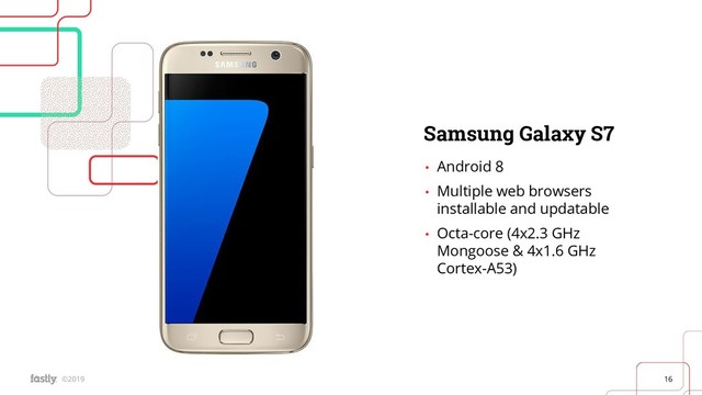 16
©2019
Samsung Galaxy S7
• Android 8
• Multiple web browsers
installable and updatable
• Octa-core (4x2.3 GHz
Mongoose & 4x1.6 GHz
Cortex-A53)
