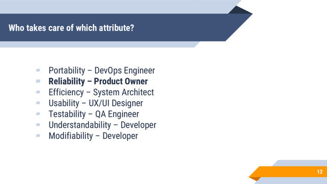 Who takes care of which attribute?
12
▰ Portability – DevOps Engineer
▰ Reliability – Product Owner
▰ Efficiency – System Architect
▰ Usability – UX/UI Designer
▰ Testability – QA Engineer
▰ Understandability – Developer
▰ Modifiability – Developer
