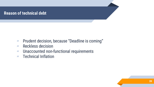Reason of technical debt
20
▰ Prudent decision, because “Deadline is coming”
▰ Reckless decision
▰ Unaccounted non-functional requirements
▰ Technical Inflation
