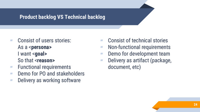 Product backlog VS Technical backlog
24
▰ Consist of technical stories
▰ Non-functional requirements
▰ Demo for development team
▰ Delivery as artifact (package,
document, etc)
▰ Consist of users stories:
As a 
I want 
So that 
▰ Functional requirements
▰ Demo for PO and stakeholders
▰ Delivery as working software
