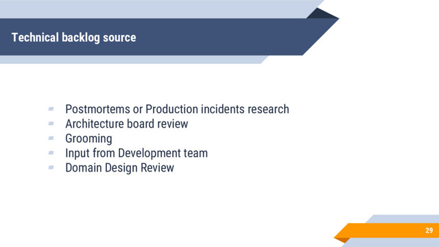 Technical backlog source
29
▰ Postmortems or Production incidents research
▰ Architecture board review
▰ Grooming
▰ Input from Development team
▰ Domain Design Review
