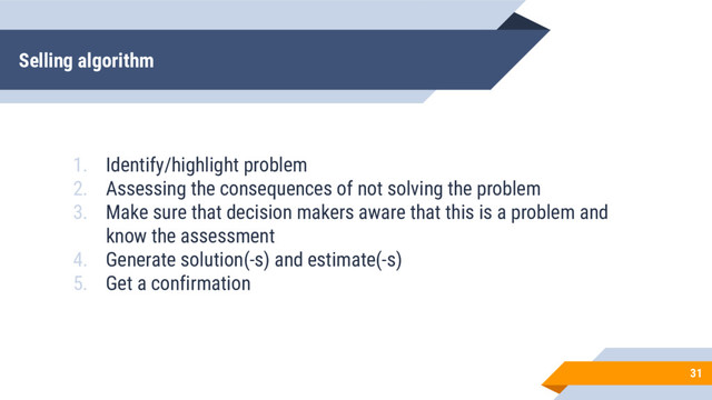 Selling algorithm
31
1. Identify/highlight problem
2. Assessing the consequences of not solving the problem
3. Make sure that decision makers aware that this is a problem and
know the assessment
4. Generate solution(-s) and estimate(-s)
5. Get a confirmation
