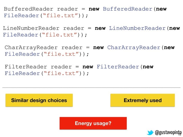 18
FilterReader reader = new FilterReader(new
FileReader(“file.txt”));
CharArrayReader reader = new CharArrayReader(new
FileReader(“file.txt”));
LineNumberReader reader = new LineNumberReader(new
FileReader(“file.txt”));
BufferedReader reader = new BufferedReader(new
FileReader(“file.txt”));
Energy usage?
@gustavopinto
Similar design choices Extremely used
