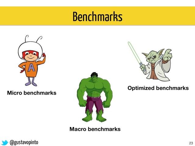 23
@gustavopinto
Micro benchmarks
Macro benchmarks
Optimized benchmarks
Benchmarks
