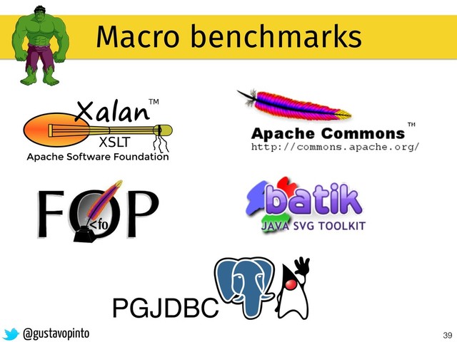 39
PGJDBC
@gustavopinto
Macro benchmarks
