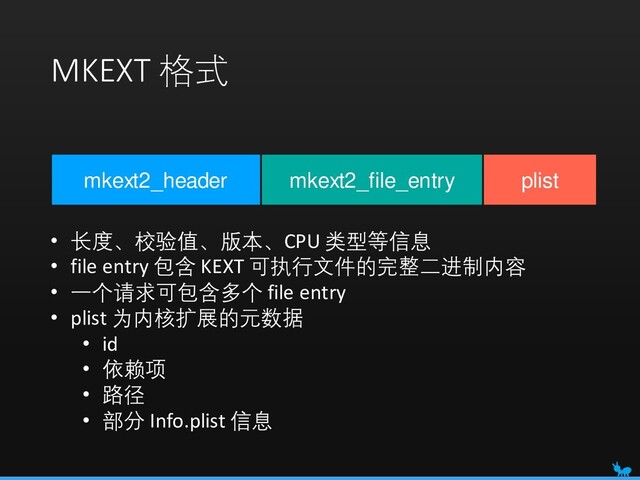 MKEXT 格式
mkext2_header mkext2_file_entry plist
• 长度、校验值、版本、CPU 类型等信息
• file entry 包含 KEXT 可执行文件的完整二进制内容
• 一个请求可包含多个 file entry
• plist 为内核扩展的元数据
• id
• 依赖项
• 路径
• 部分 Info.plist 信息
