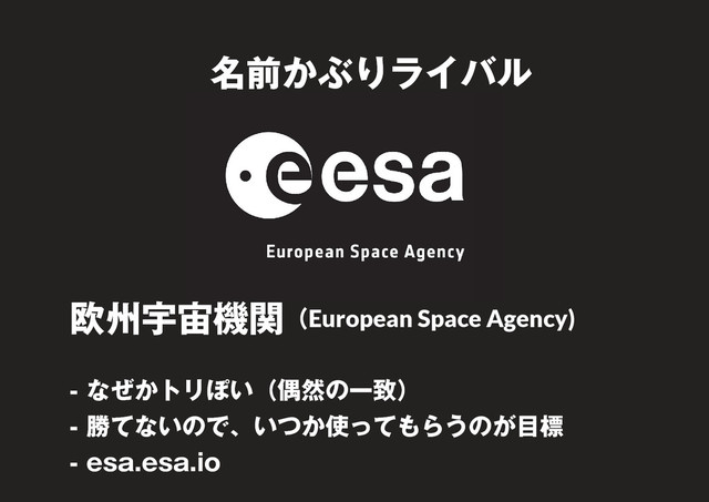 9
名前かぶりライバル
欧州宇宙機関（European Space Agency)
- なぜかトリぽい（偶然の一致）
- 勝てないので、いつか使ってもらうのが目標
- esa.esa.io
