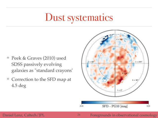 Daniel Lenz, Caltech/JPL Foregrounds in observational cosmology
Dust systematics
❖ Peek & Graves (2010) used
SDSS passively evolving
galaxies as "standard crayons"
❖ Correction to the SFD map at
4.5 deg
24
