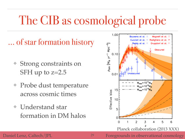 Daniel Lenz, Caltech/JPL Foregrounds in observational cosmology
The CIB as cosmological probe
… of star formation history
Planck collaboration (2013 XXX)
❖ Strong constraints on
SFH up to z=2.5
❖ Probe dust temperature
across cosmic times
❖ Understand star
formation in DM halos
29
