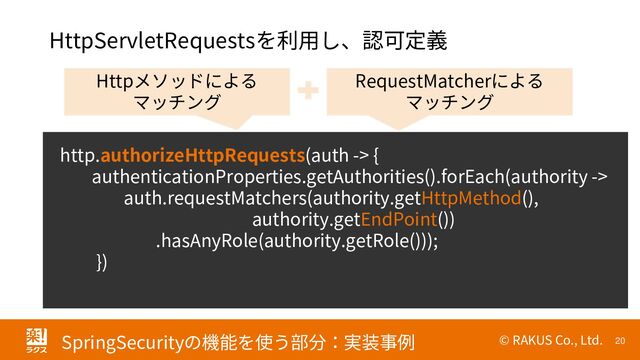 © RAKUS Co., Ltd. 20
SpringSecurityの機能を使う部分：実装事例
http.authorizeHttpRequests(auth -> {
authenticationProperties.getAuthorities().forEach(authority ->
auth.requestMatchers(authority.getHttpMethod(),
authority.getEndPoint())
.hasAnyRole(authority.getRole()));
})
HttpServletRequestsを利用し、認可定義
Httpメソッドによる
マッチング
RequestMatcherによる
マッチング
