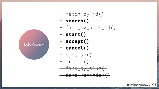 mkaszubowski94
JobBoard
- fetch_by_id()
- search()
- find_by_user_id()
- start()
- accept()
- cancel()
- publish()
- create()
- find_by_slug()
- send_reminder()

