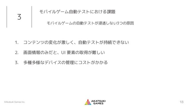 ©Akatsuki Games Inc.
1. コンテンツの変化が激しく、自動テストが持続できない
2. 画面情報のみだと、UI 要素の取得が難しい
3. 多種多様なデバイスの管理にコストがかかる
18
3 モバイルゲーム自動テストにおける課題
モバイルゲームの自動テストが浸透しない3つの原因
