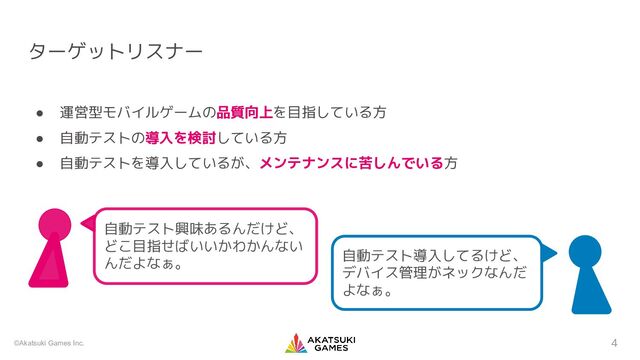 ©Akatsuki Games Inc.
ターゲットリスナー
4
自動テスト導入してるけど、
デバイス管理がネックなんだ
よなぁ。
自動テスト興味あるんだけど、
どこ目指せばいいかわかんない
んだよなぁ。
● 運営型モバイルゲームの品質向上を目指している方
● 自動テストの導入を検討している方
● 自動テストを導入しているが、メンテナンスに苦しんでいる方

