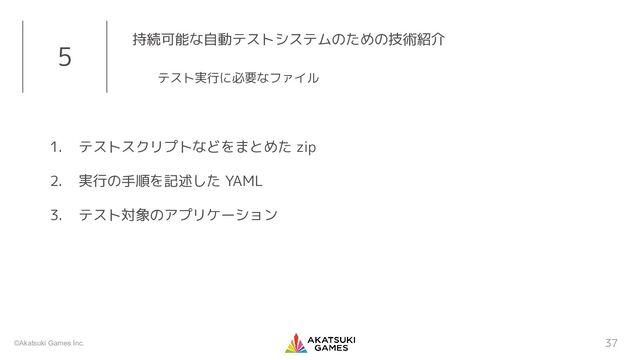 ©Akatsuki Games Inc.
1. テストスクリプトなどをまとめた zip
2. 実行の手順を記述した YAML
3. テスト対象のアプリケーション
37
5 持続可能な自動テストシステムのための技術紹介
テスト実行に必要なファイル
testspec.yaml 
