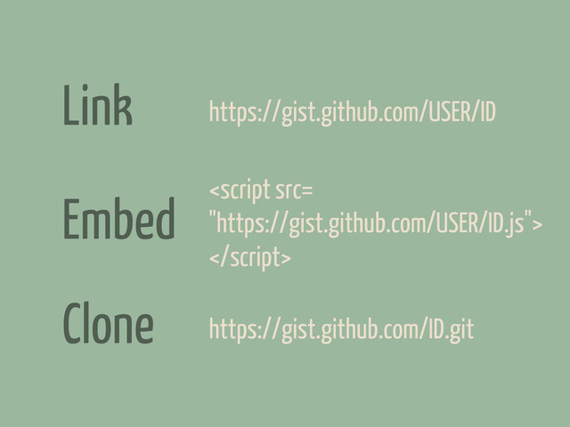 Clone https://gist.github.com/ID.git


https://gist.github.com/USER/ID
Embed
Link
