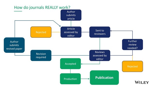Author
submits
article
Rejected
Article
assessed by
editor
Sent to
reviewers
Author
submits
revised paper
Revision
required
Further
review
needed?
Reviews
assessed by
editor
Rejected
Accepted
Publication
Production
How do journals REALLY work?
