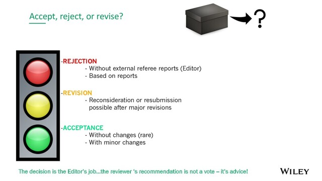 Accept, reject, or revise?
-REJECTION
- Without external referee reports (Editor)
- Based on reports
-REVISION
- Reconsideration or resubmission
possible after major revisions
-ACCEPTANCE
- Without changes (rare)
- With minor changes
The decision is the Editor’s job…the reviewer ‘s recommendation is not a vote -- it’s advice!

