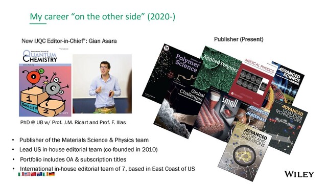 My career “on the other side” (2020-)
New IJQC Editor-in-Chief”: Gian Asara Publisher (Present)
PhD @ UB w/ Prof. J.M. Ricart and Prof. F. Illas
• International in-house editorial team of 7, based in East Coast of US
• Lead US in-house editorial team (co-founded in 2010)
• Publisher of the Materials Science & Physics team
• Portfolio includes OA & subscription titles
!"#$%&
