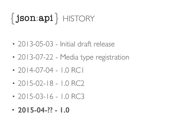 HISTORY
• 2013-05-03 - Initial draft release	

• 2013-07-22 - Media type registration	

• 2014-07-04 - 1.0 RC1	

• 2015-02-18 - 1.0 RC2	

• 2015-03-16 - 1.0 RC3	

• 2015-04-?? - 1.0
