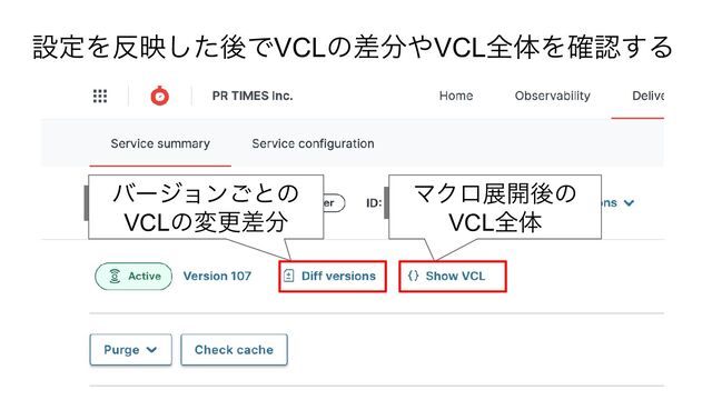 マクロ展開後の
VCL全体
バージョンごとの
VCLの変更差分
設定を反映した後でVCLの差分やVCL全体を確認する
