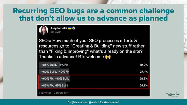 By @aleyda from @orainti for #seosummit
Recurring SEO bugs are a common challenge
that don’t allow us to advance as planned
