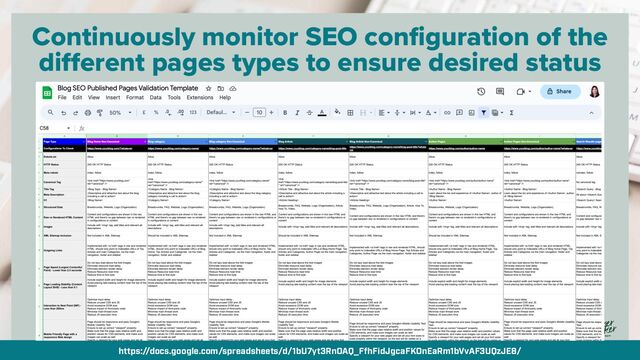 By @aleyda from @orainti for #seosummit
Continuously monitor SEO configuration of the
different pages types to ensure desired status
https://docs.google.com/spreadsheets/d/1bU7yt3RnOAQ_FfhFidJgcaFKOnEaRm1bVvAF3UQzJE8/
