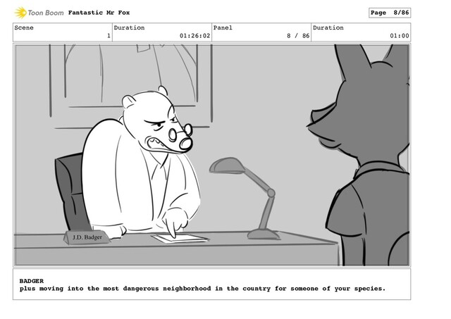 Scene
1
Duration
01:26:02
Panel
8 / 86
Duration
01:00
Fantastic Mr Fox Page 8/86
BADGER
plus moving into the most dangerous neighborhood in the country for someone of your species.
