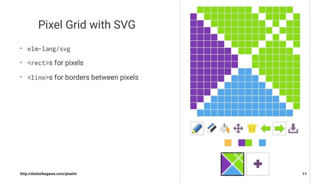 Pixel Grid with SVG
• elm-lang/svg
• s for pixels
• s for borders between pixels
http://shuheikagawa.com/pixelm 11
