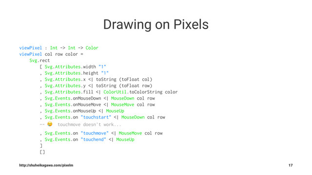 Drawing on Pixels
viewPixel : Int -> Int -> Color
viewPixel col row color =
Svg.rect
[ Svg.Attributes.width "1"
, Svg.Attributes.height "1"
, Svg.Attributes.x <| toString (toFloat col)
, Svg.Attributes.y <| toString (toFloat row)
, Svg.Attributes.fill <| ColorUtil.toColorString color
, Svg.Events.onMouseDown <| MouseDown col row
, Svg.Events.onMouseMove <| MouseMove col row
, Svg.Events.onMouseUp <| MouseUp
, Svg.Events.on "touchstart" <| MouseDown col row
-- !ɹtouchmove doesn't work...
, Svg.Events.on "touchmove" <| MouseMove col row
, Svg.Events.on "touchend" <| MouseUp
]
[]
http://shuheikagawa.com/pixelm 17

